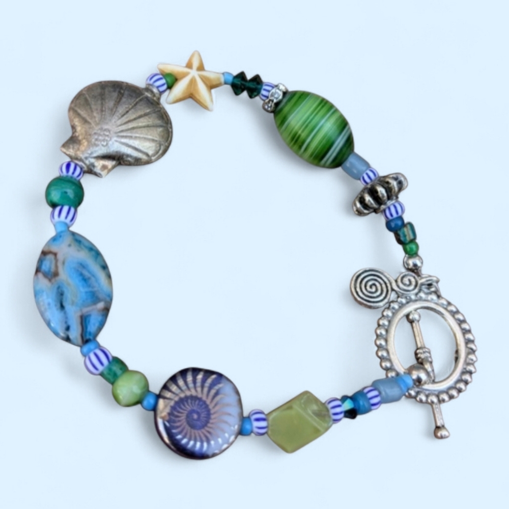 Blue and Silver Bohemian Bracelet with Beads and Charms